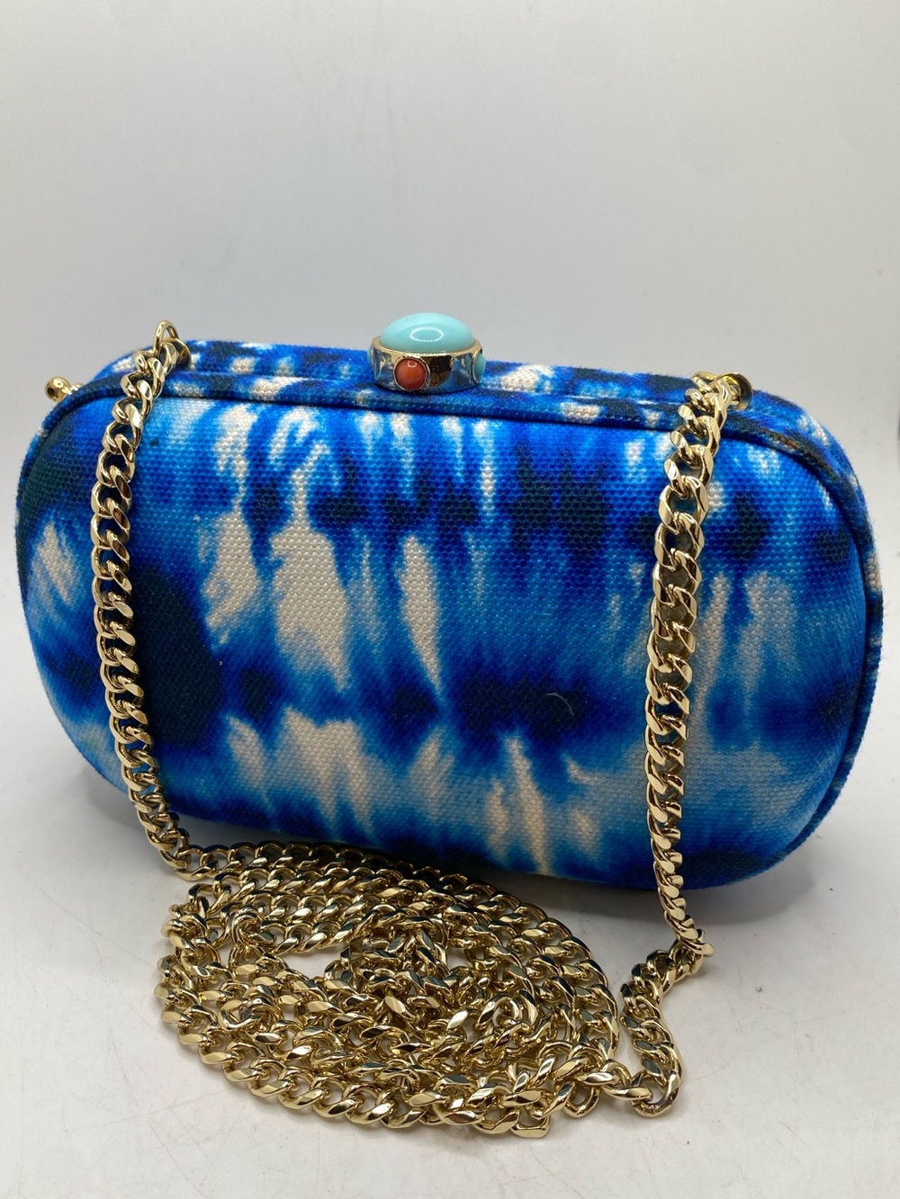 Glamourpuss NYC Blue Tie Dye Ikat Clutch Crossbody Turquoise Coral Clasp